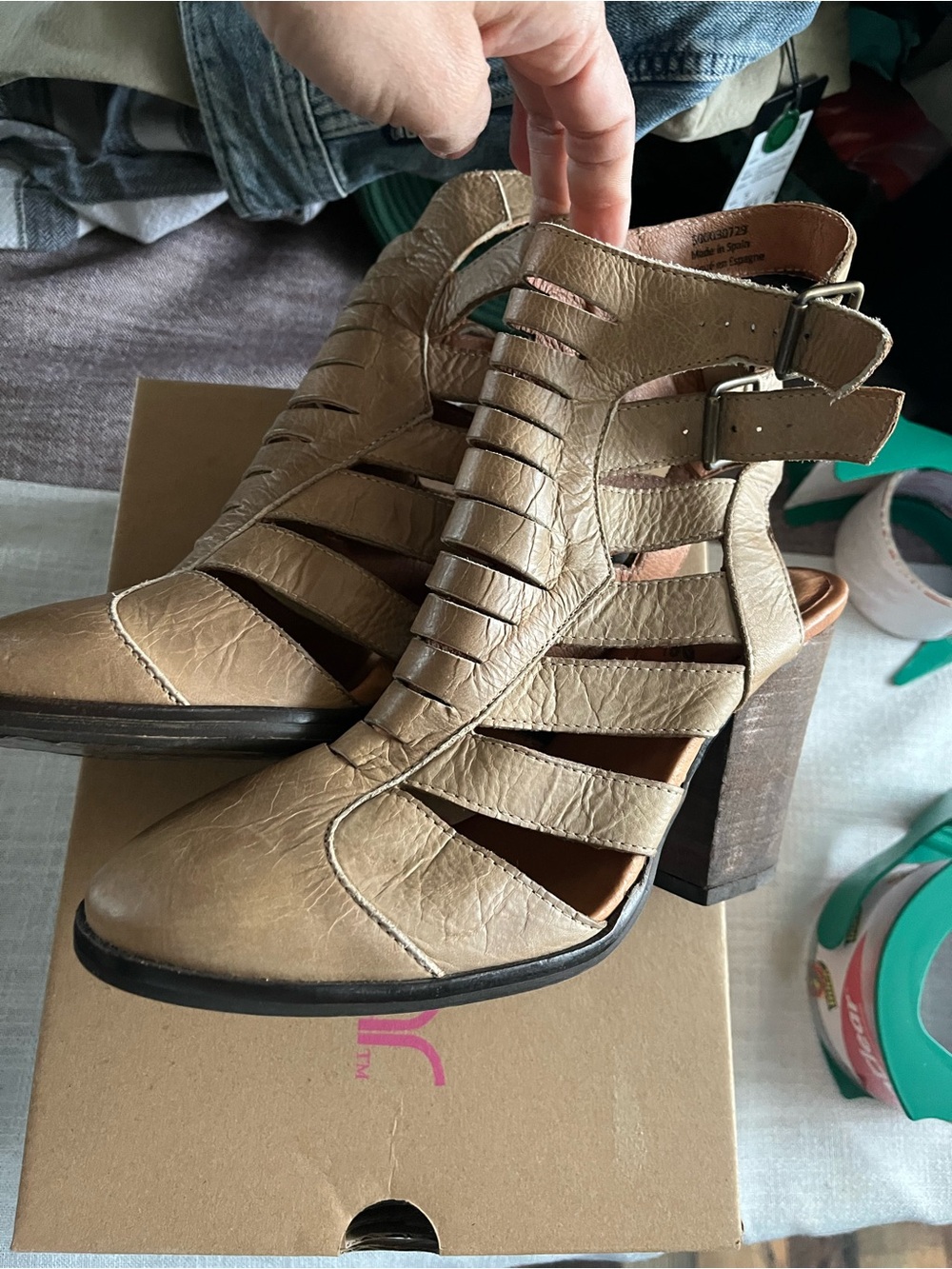 Free People Taupe Strappy Cutout Block Heel Boots